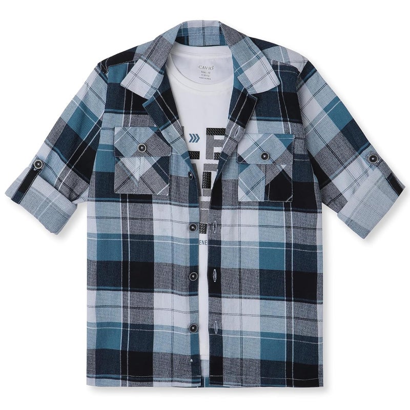 CAVIO Boys Cotton Checks Full Sleeves Shackets Shirt and T-Shirt - Image 1
